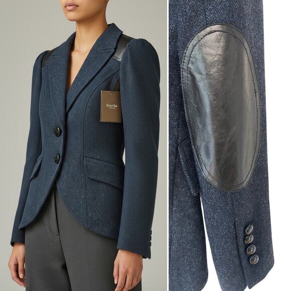 NWT Smythe Pouf Sleeve Equestrian Jacket Blazer Navy Wool Leather Patches Size 2 - Picture 1 of 8
